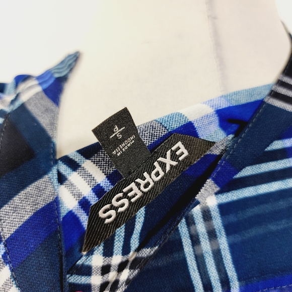Express Small Blue Plaid Short Sleeve Button Up Sheer Top - Picture 3 of 6